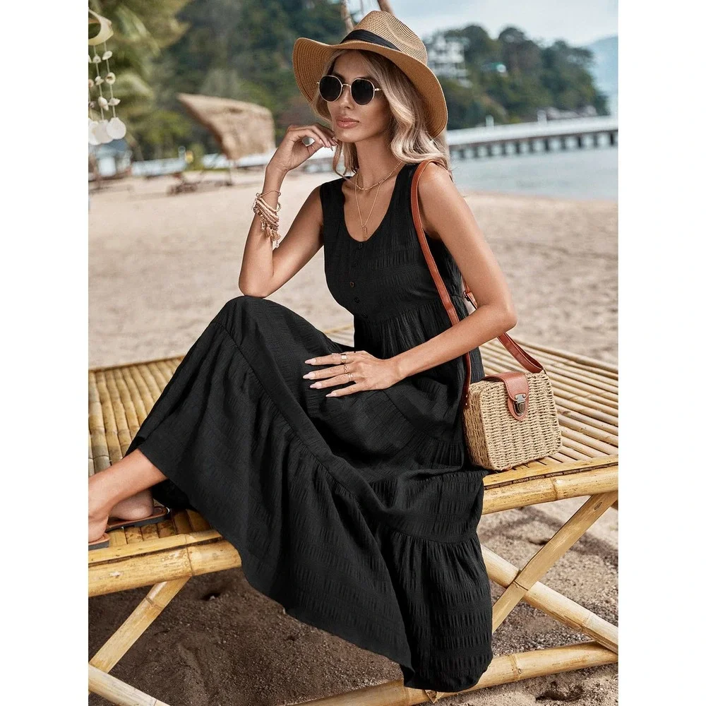 Solid Ruffle Hem Smock midi Dress black - Picture 1 of 3
